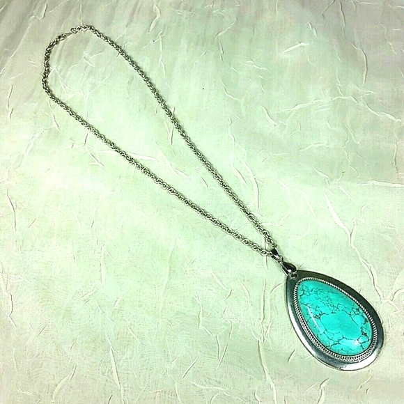Sterling Silver Rope Chain Necklace GENUINE Turquoise Pendant - Picture 2 of 5